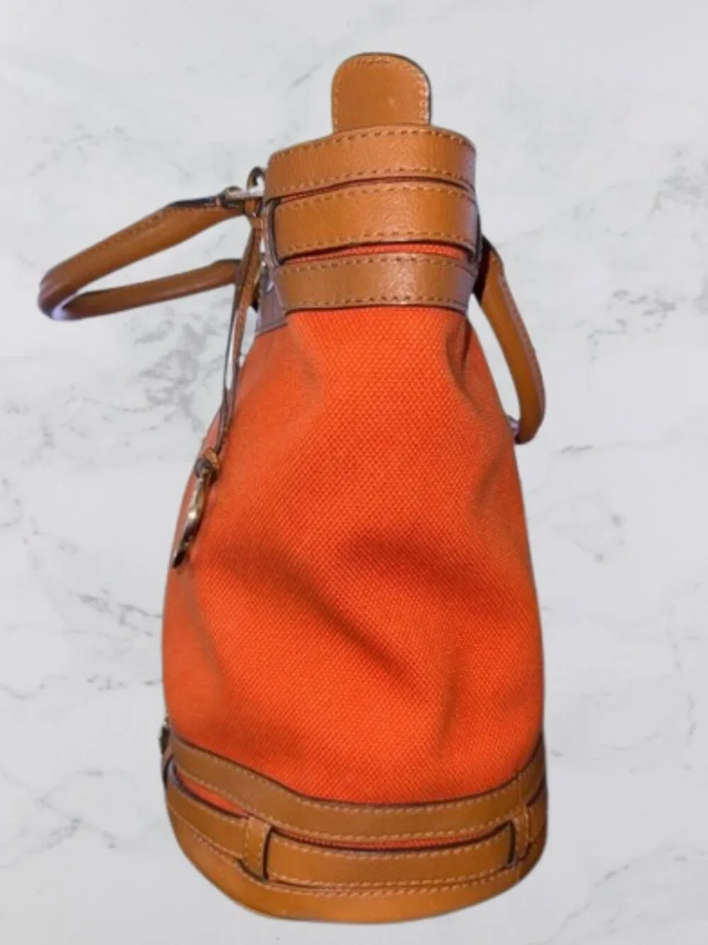 Michael Kors Kingsbury Orange Canvas Bucket Bag Cognac Leather Crossbody - Picture 4 of 13
